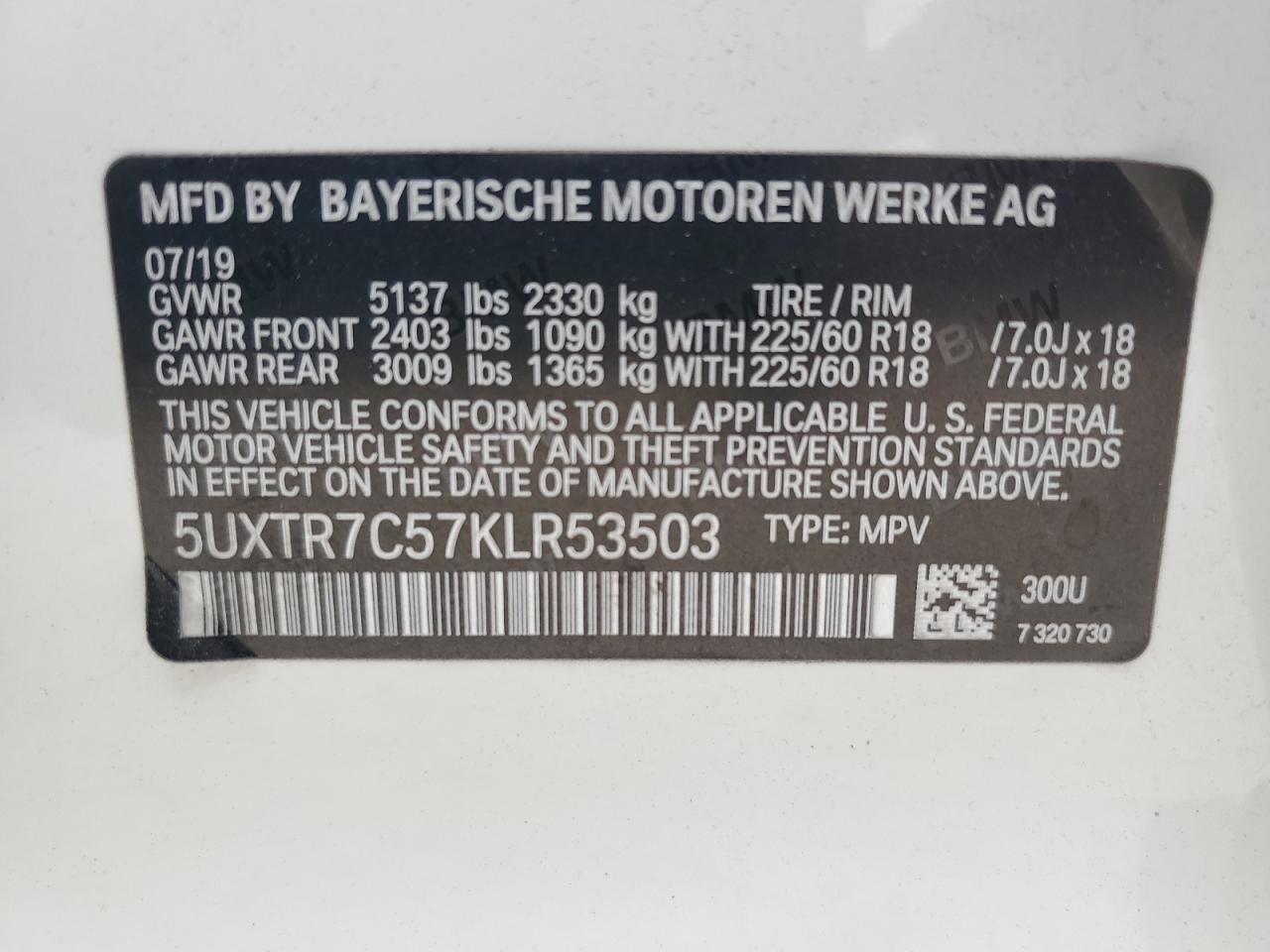 5UXTR7C57KLR53503 2019 BMW X3 Sdrive30I