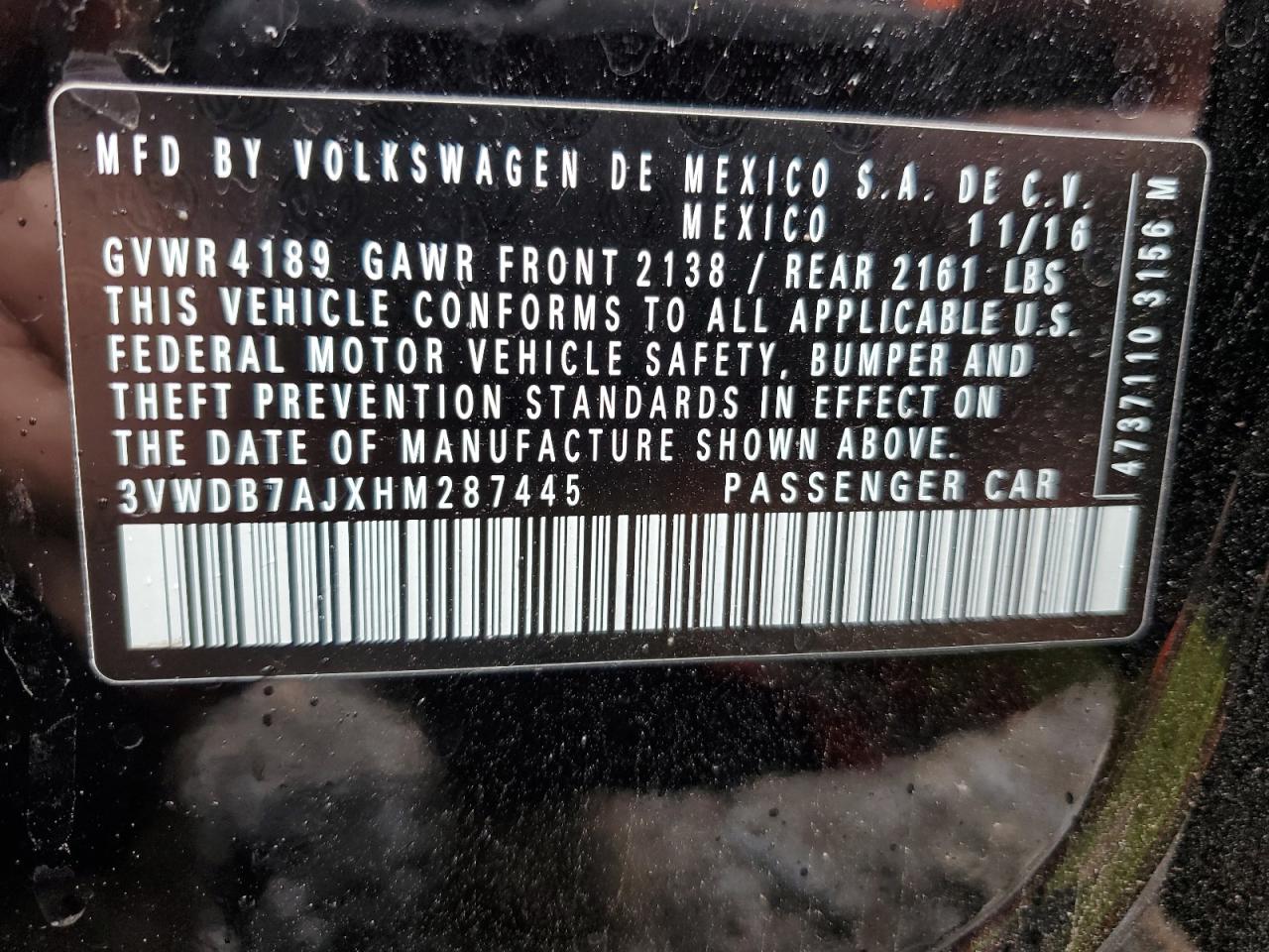 3VWDB7AJXHM287445 2017 Volkswagen Jetta Se