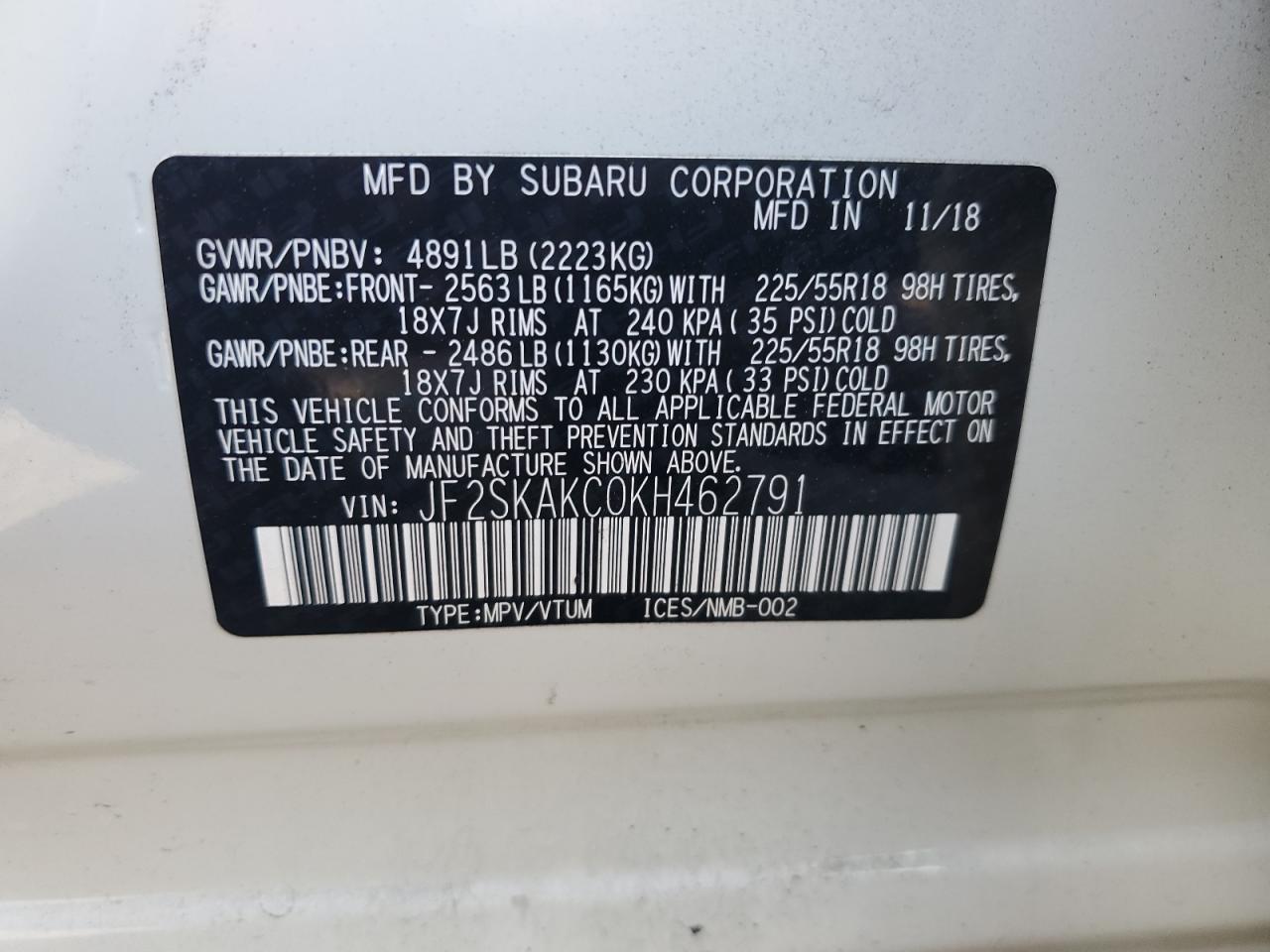 JF2SKAKC0KH462791 2019 Subaru Forester Sport