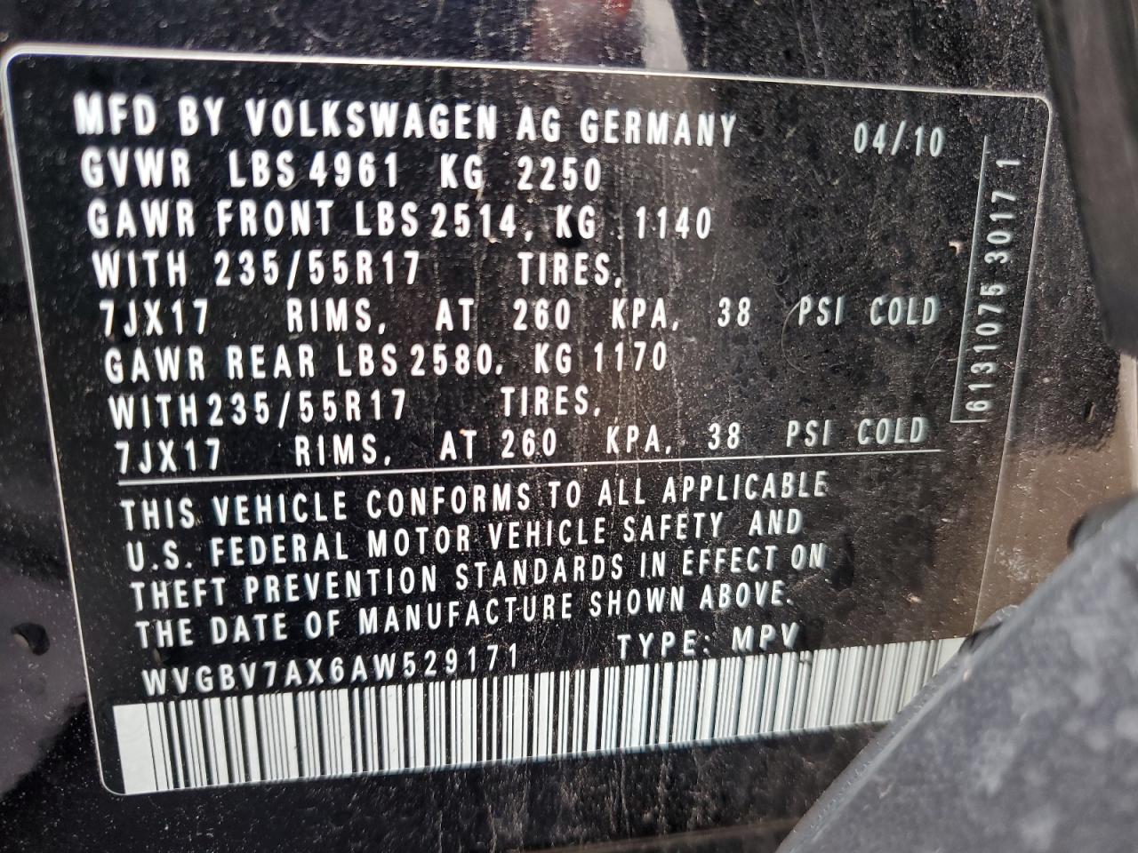 WVGBV7AX6AW529171 2010 Volkswagen Tiguan Se