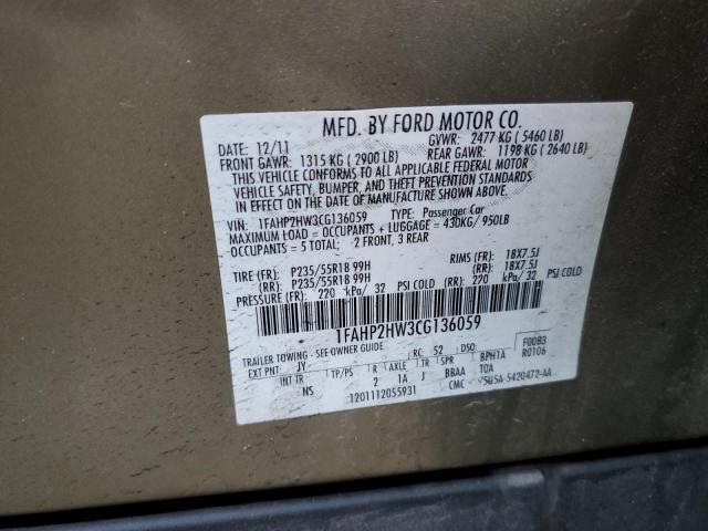 2012 Ford Taurus Sel VIN: 1FAHP2HW3CG136059 Lot: 60386454