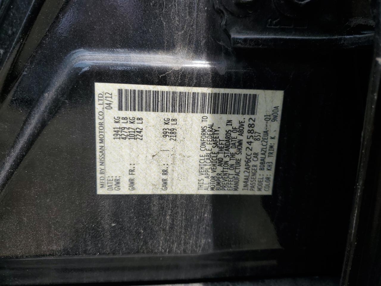 2012 Nissan Altima Base vin: 1N4AL2AP6CC245882