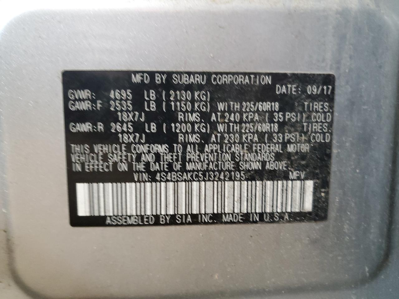 4S4BSAKC5J3242195 2018 Subaru Outback 2.5I Limited