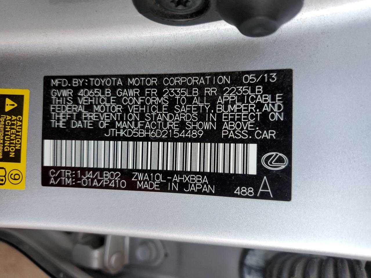 JTHKD5BH6D2154489 2013 Lexus Ct 200