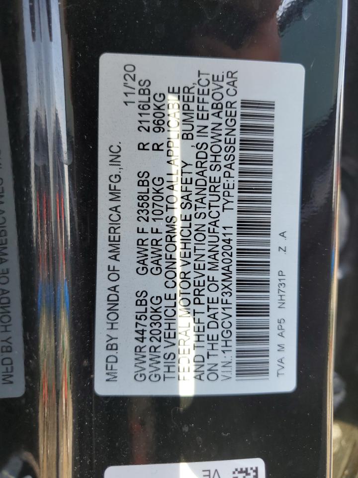 1HGCV1F3XMA020411 2021 Honda Accord Sport