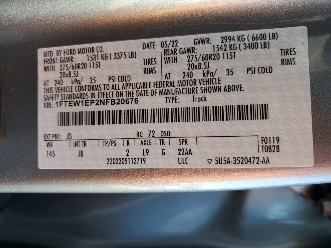 1FTEW1EP2NFB20676 2022 Ford F150 Supercrew