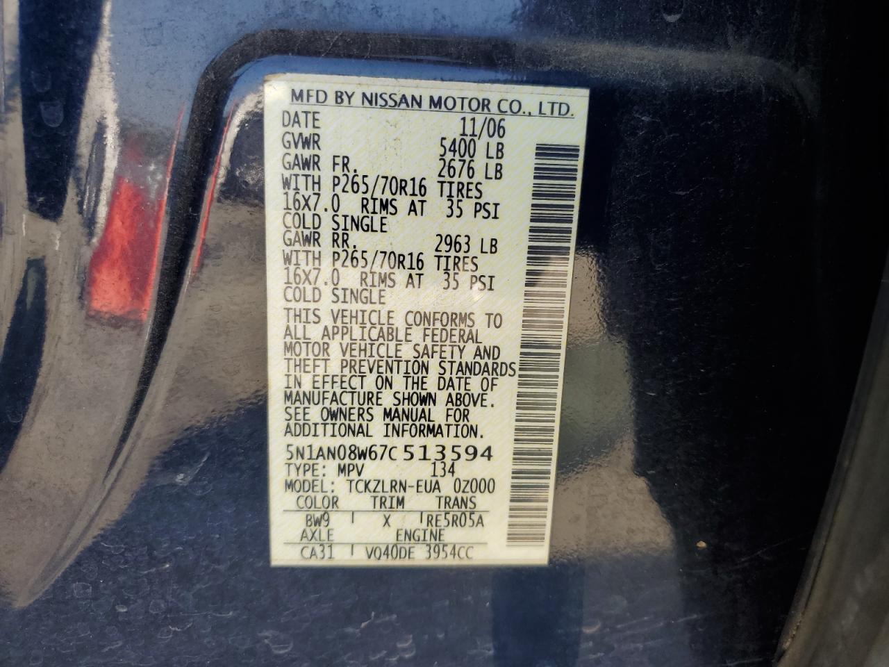 5N1AN08W67C513594 2007 Nissan Xterra Off Road