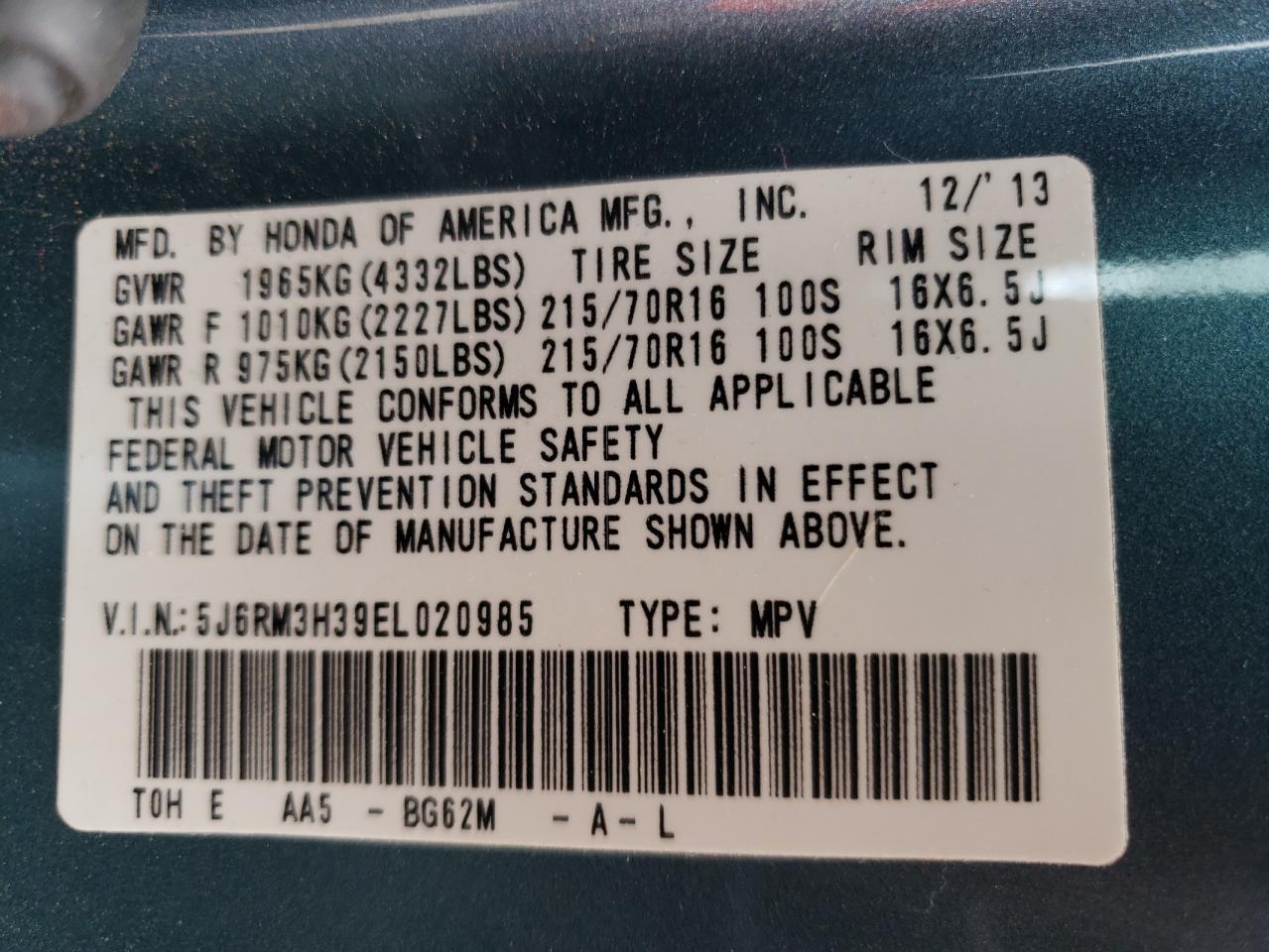 5J6RM3H39EL020985 2014 Honda Cr-V Lx