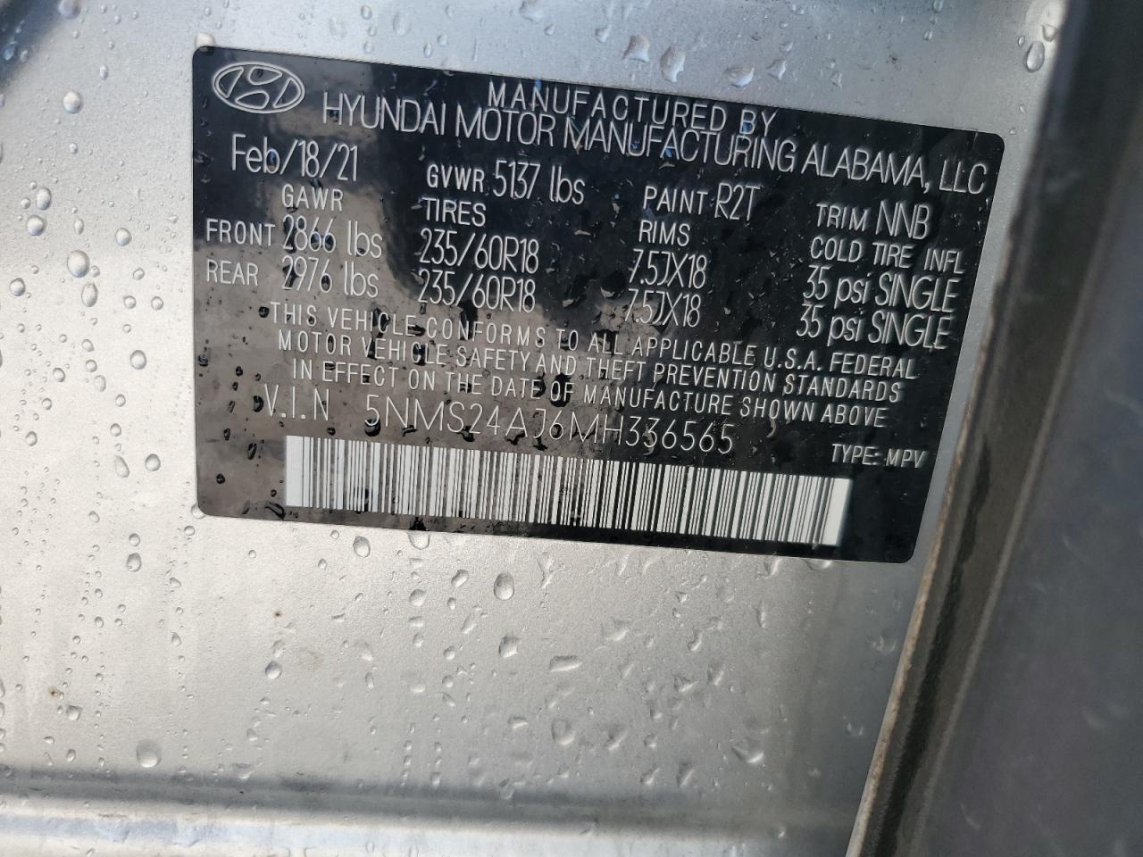 5NMS24AJ6MH336565 2021 Hyundai Santa Fe Sel