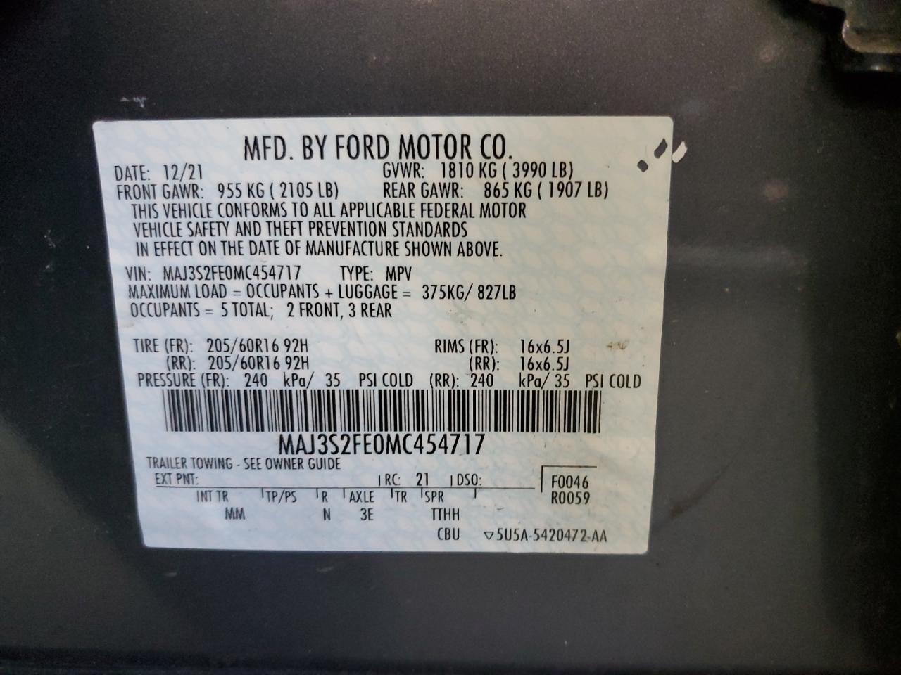 2021 Ford Ecosport S vin: MAJ3S2FE0MC454717