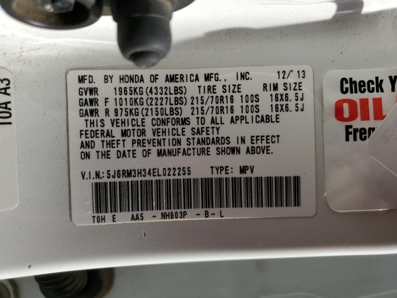 5J6RM3H34EL022255 2014 Honda Cr-V Lx