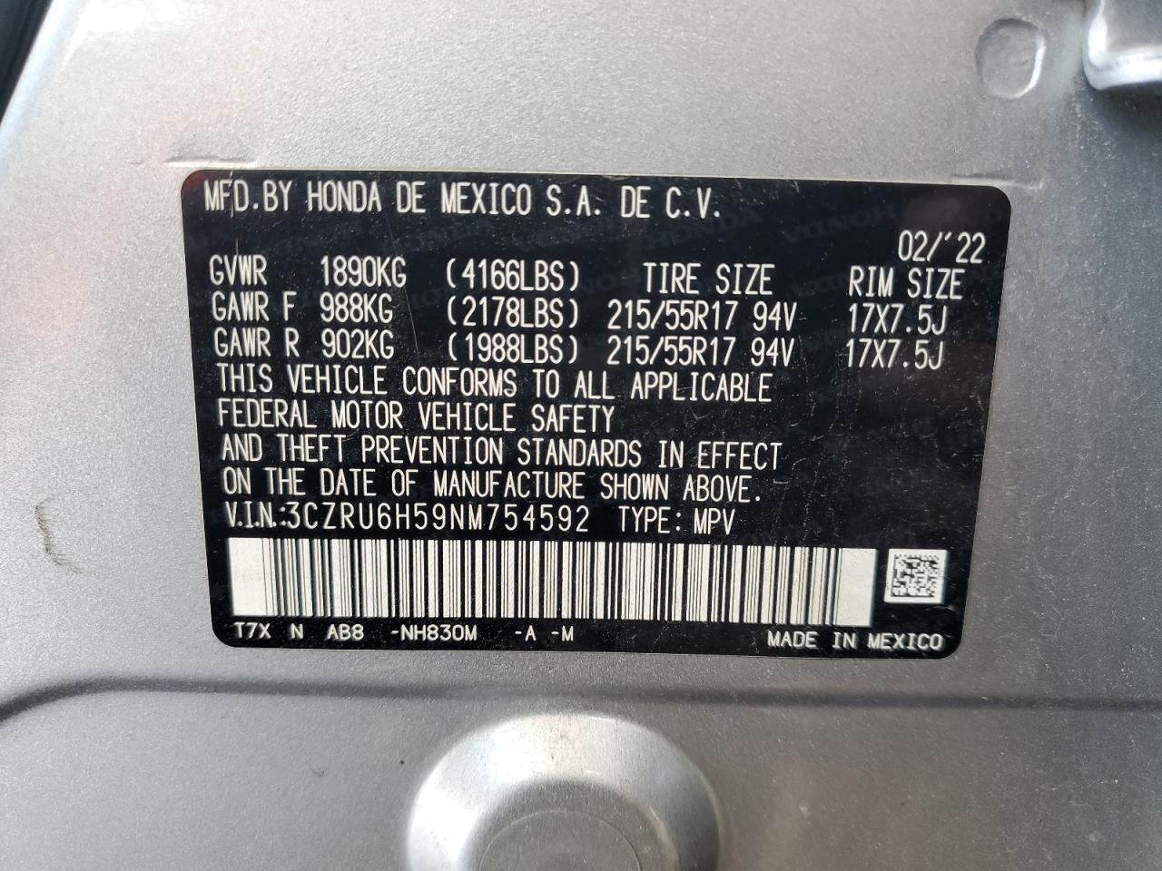 3CZRU6H59NM754592 2022 Honda Hr-V Ex