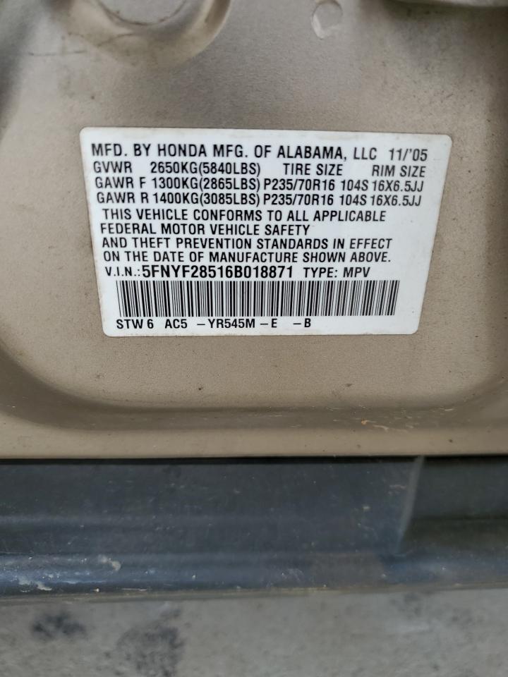 5FNYF28516B018871 2006 Honda Pilot Ex