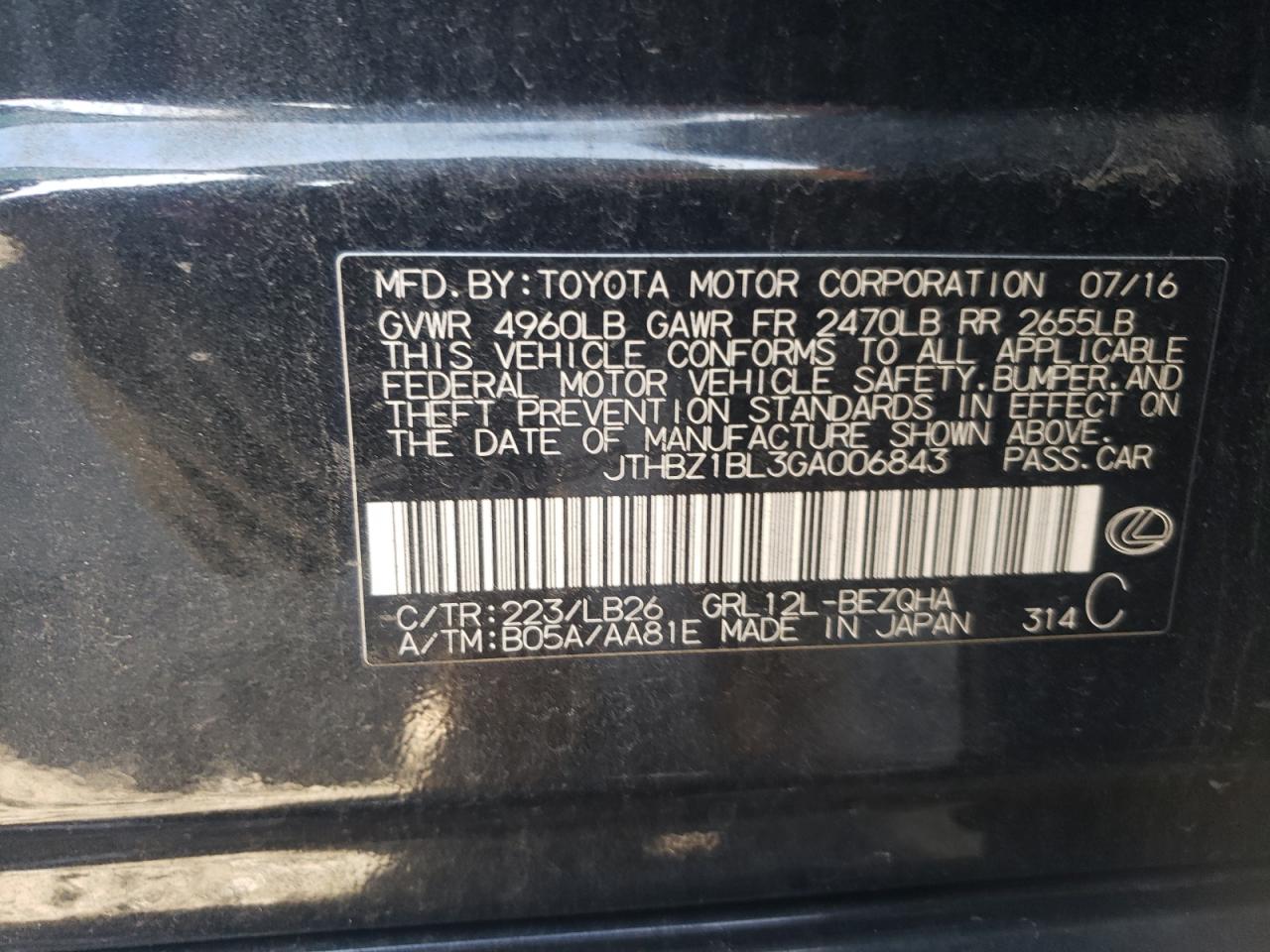 JTHBZ1BL3GA006843 2016 Lexus Gs 350 Base