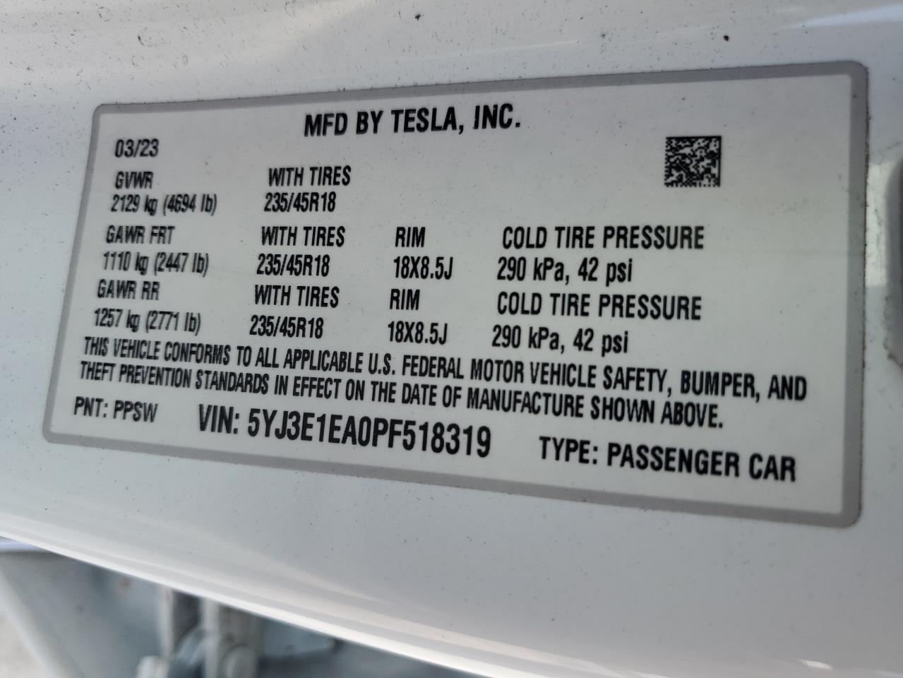 5YJ3E1EA0PF518319 2023 Tesla Model 3