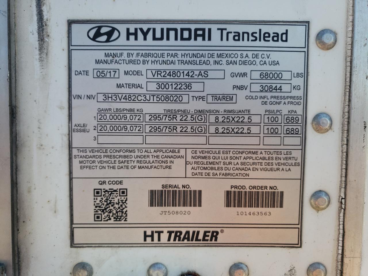 3H3V482C3JT508020 2018 Hyundai Reefer