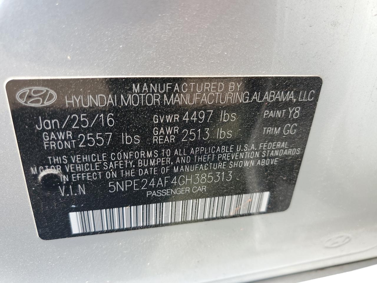 2016 Hyundai Sonata Se vin: 5NPE24AF4GH385313