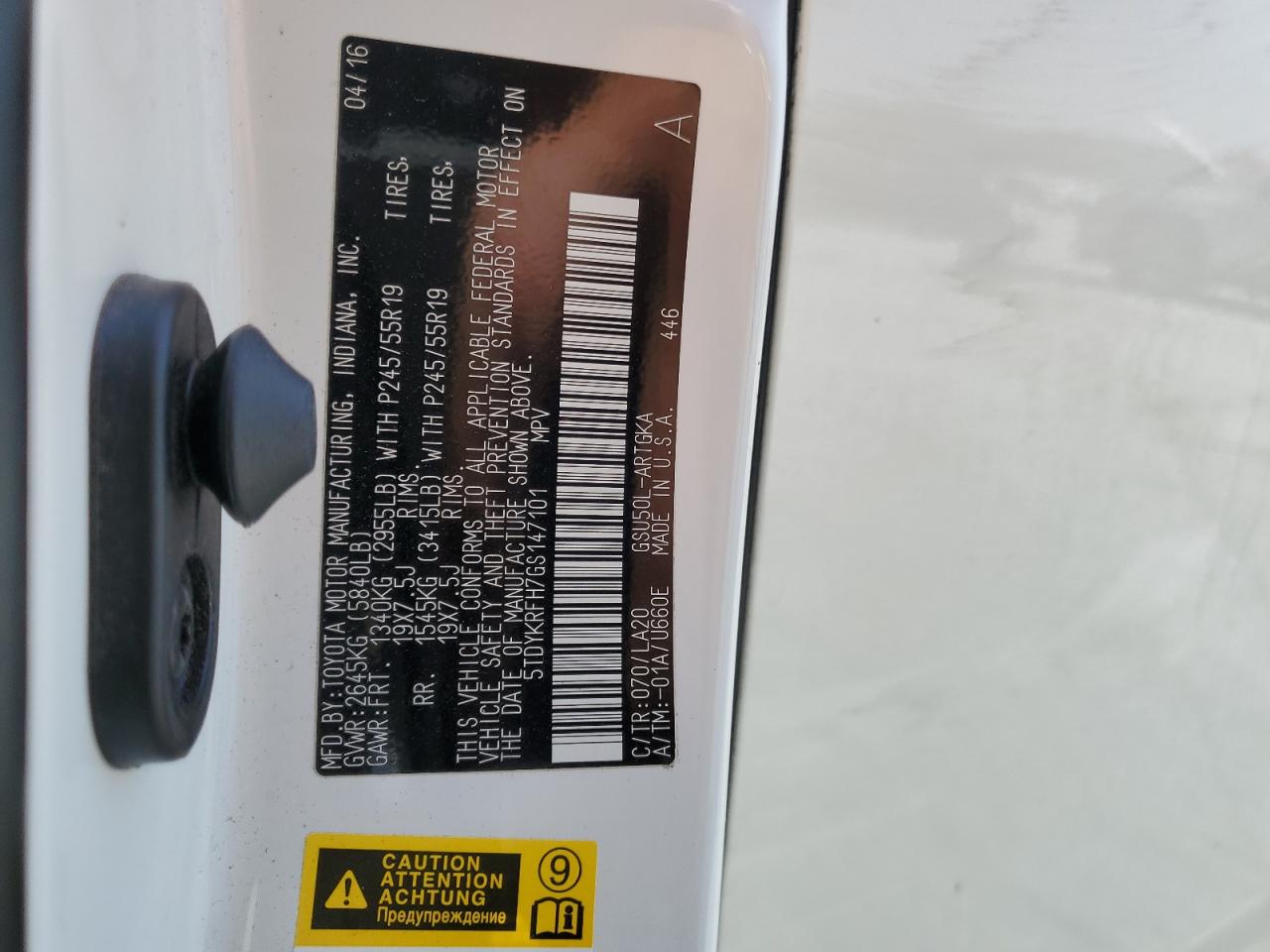 5TDYKRFH7GS147101 2016 Toyota Highlander Limited