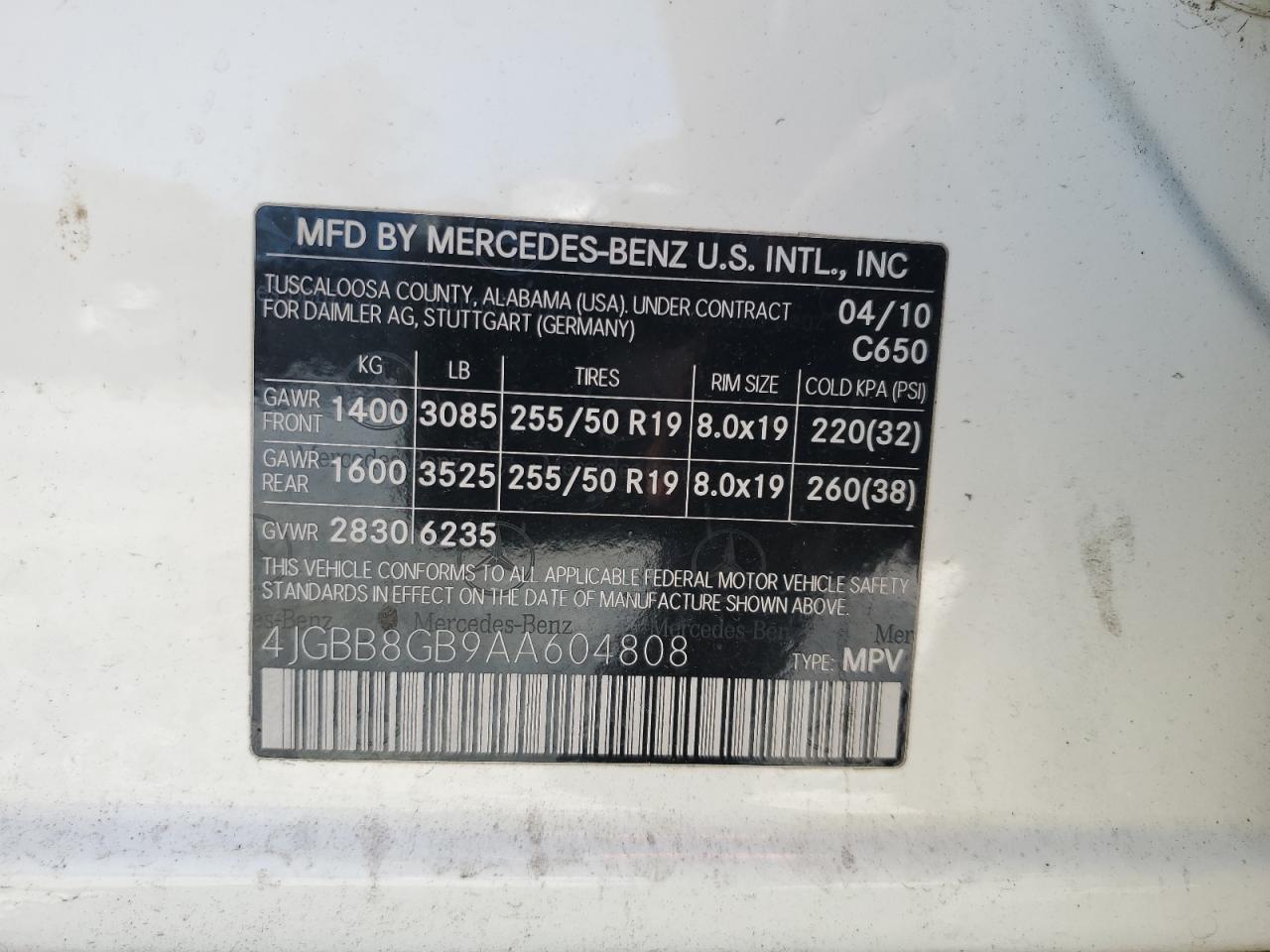 4JGBB8GB9AA604808 2010 Mercedes-Benz Ml 350 4Matic