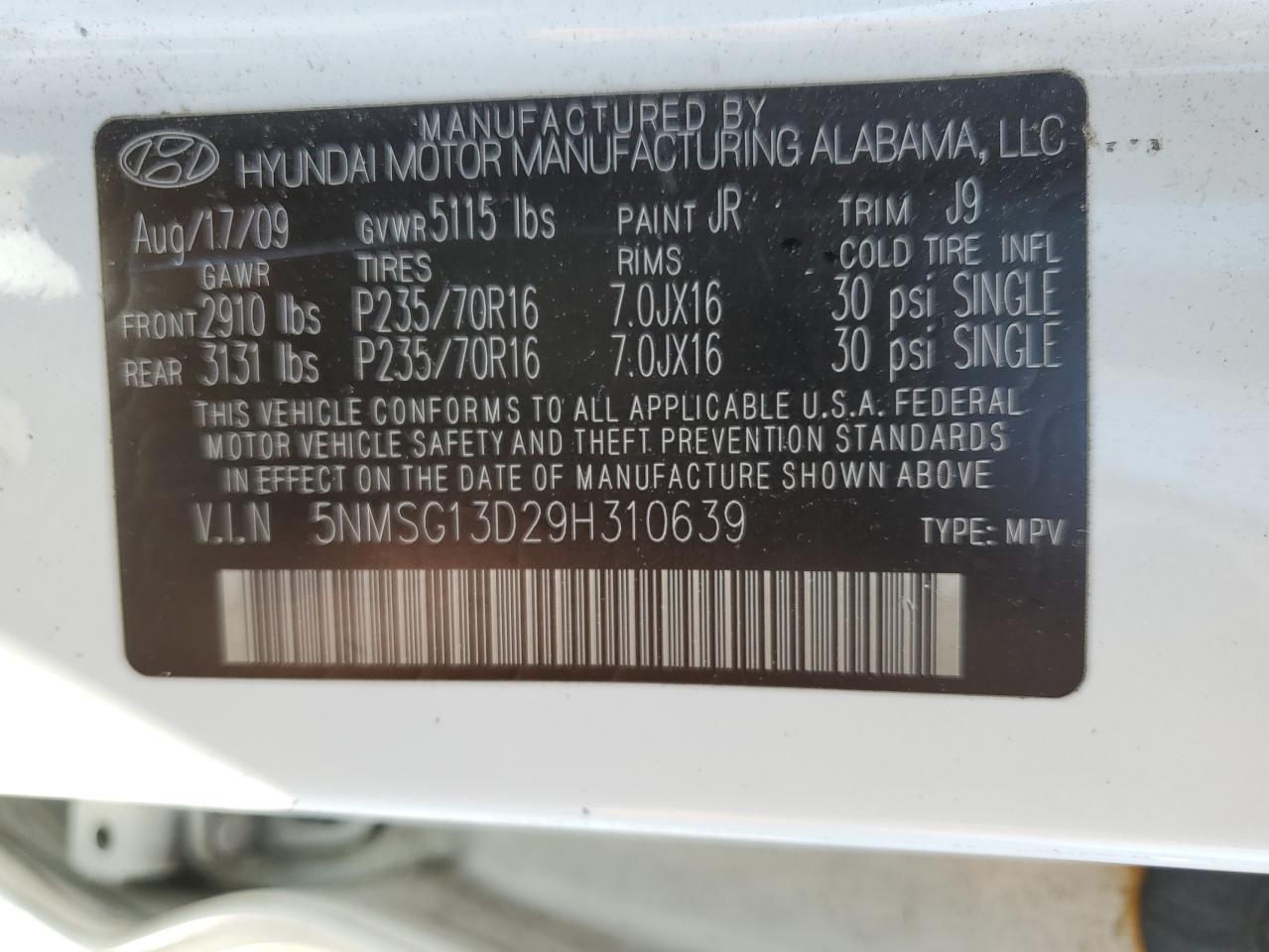 5NMSG13D29H310639 2009 Hyundai Santa Fe Gls