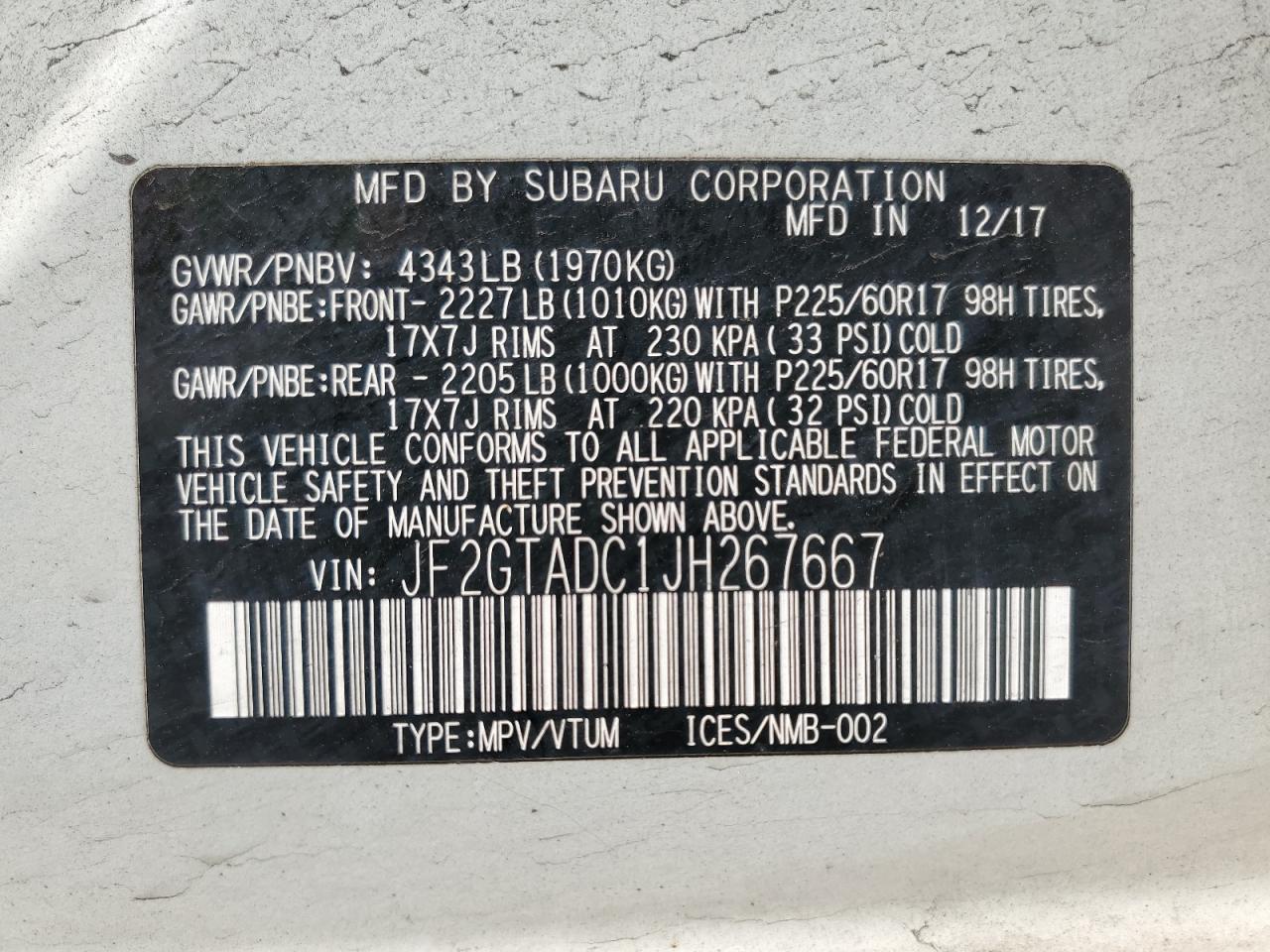 JF2GTADC1JH267667 2018 Subaru Crosstrek Premium