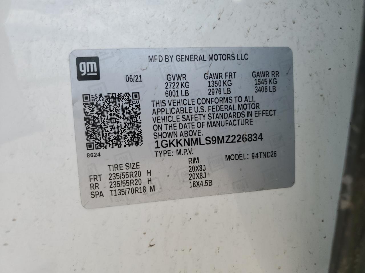 1GKKNMLS9MZ226834 2021 GMC Acadia Slt