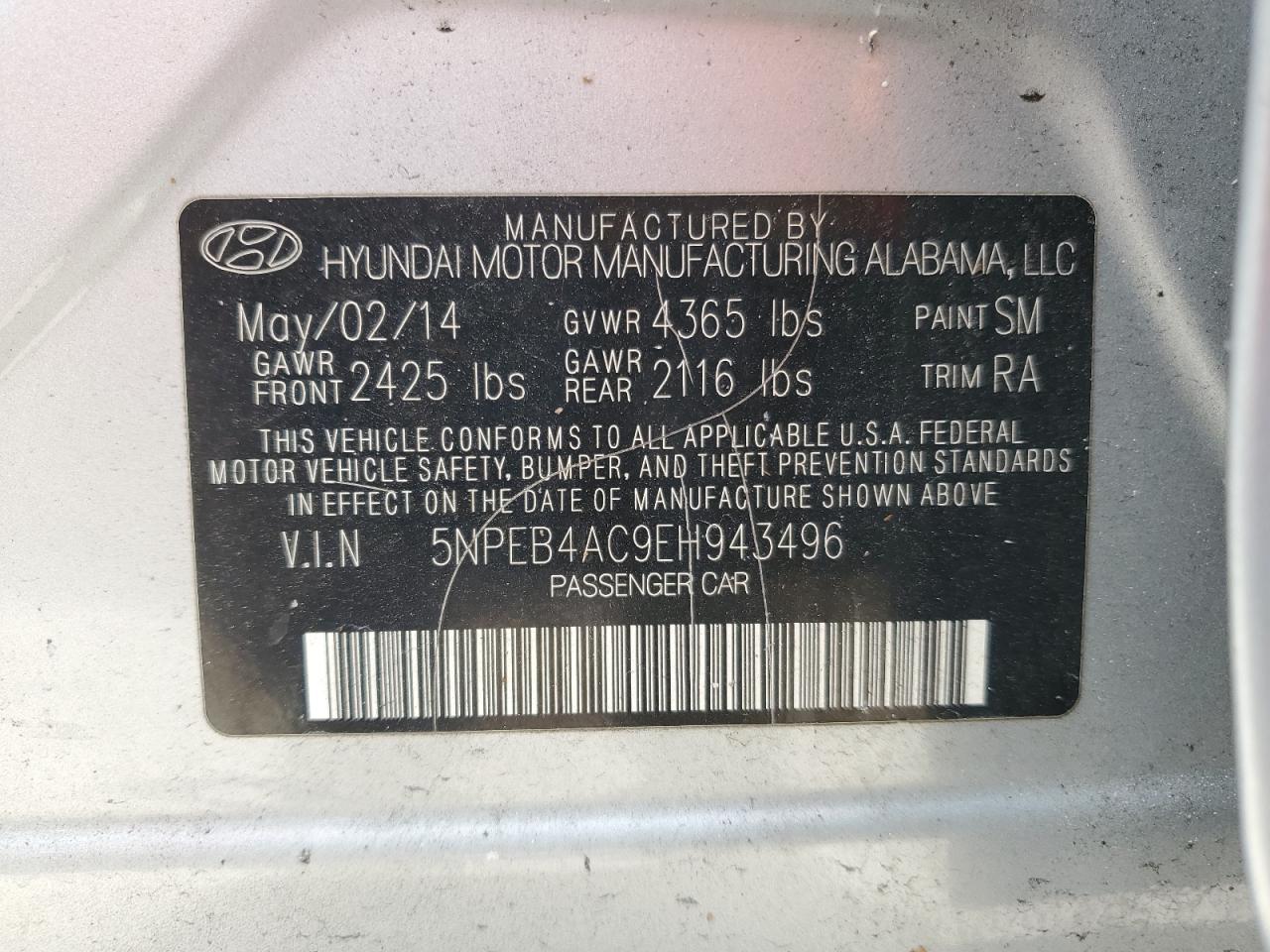 5NPEB4AC9EH943496 2014 Hyundai Sonata Gls