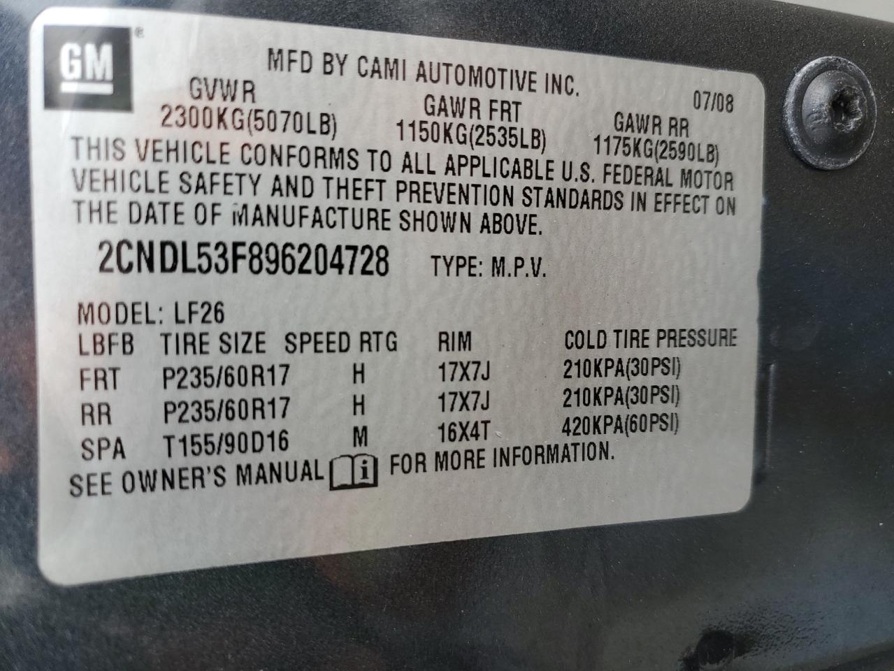 2CNDL53F896204728 2009 Chevrolet Equinox Lt