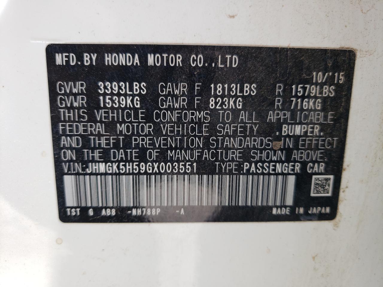 JHMGK5H59GX003551 2016 Honda Fit Lx