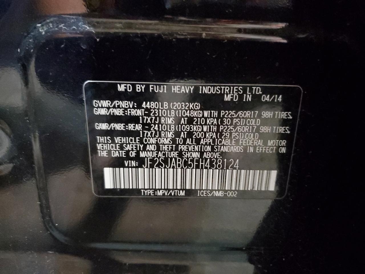 JF2SJABC5FH438124 2015 Subaru Forester 2.5I