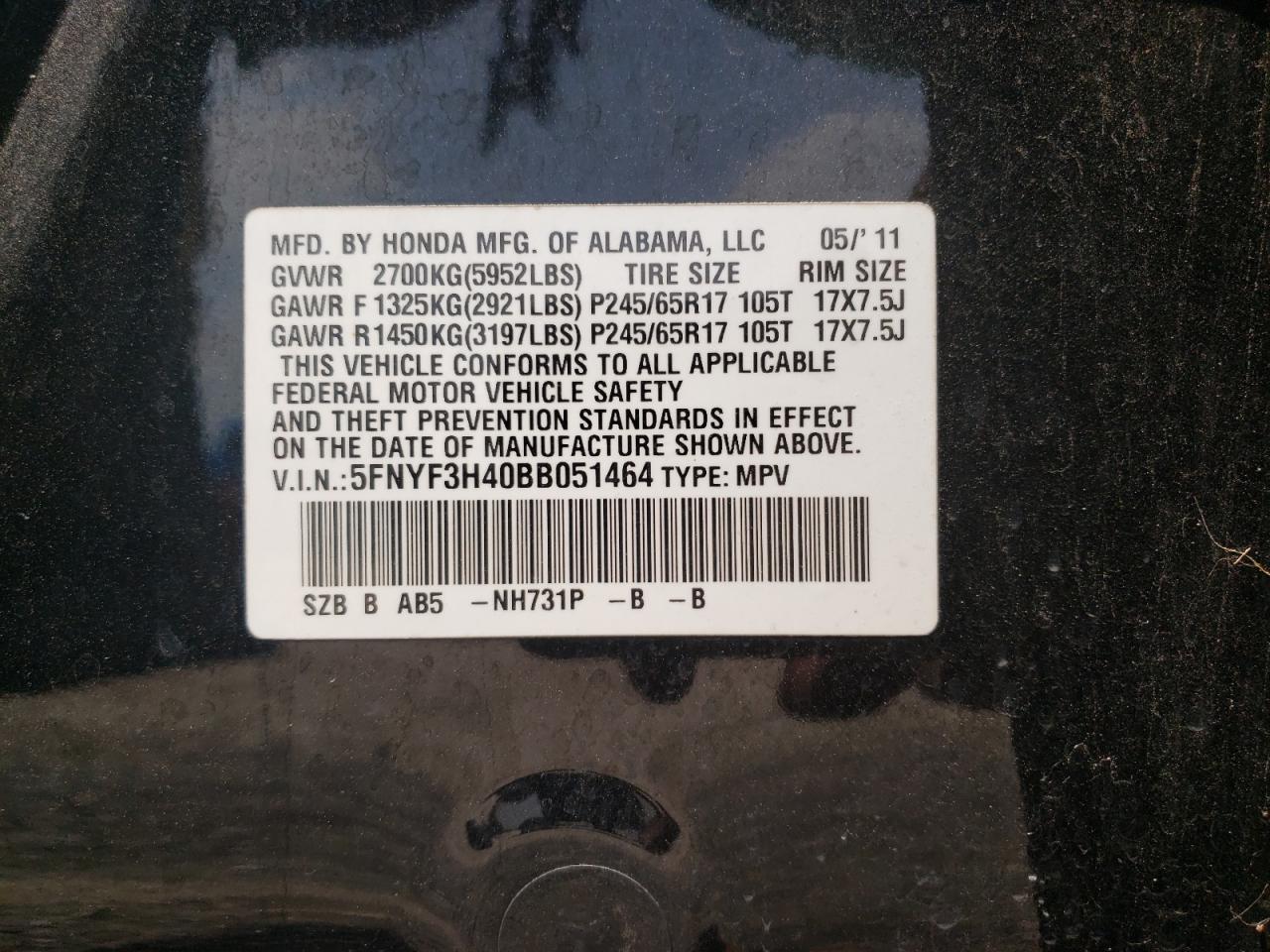 5FNYF3H40BB051464 2011 Honda Pilot Ex