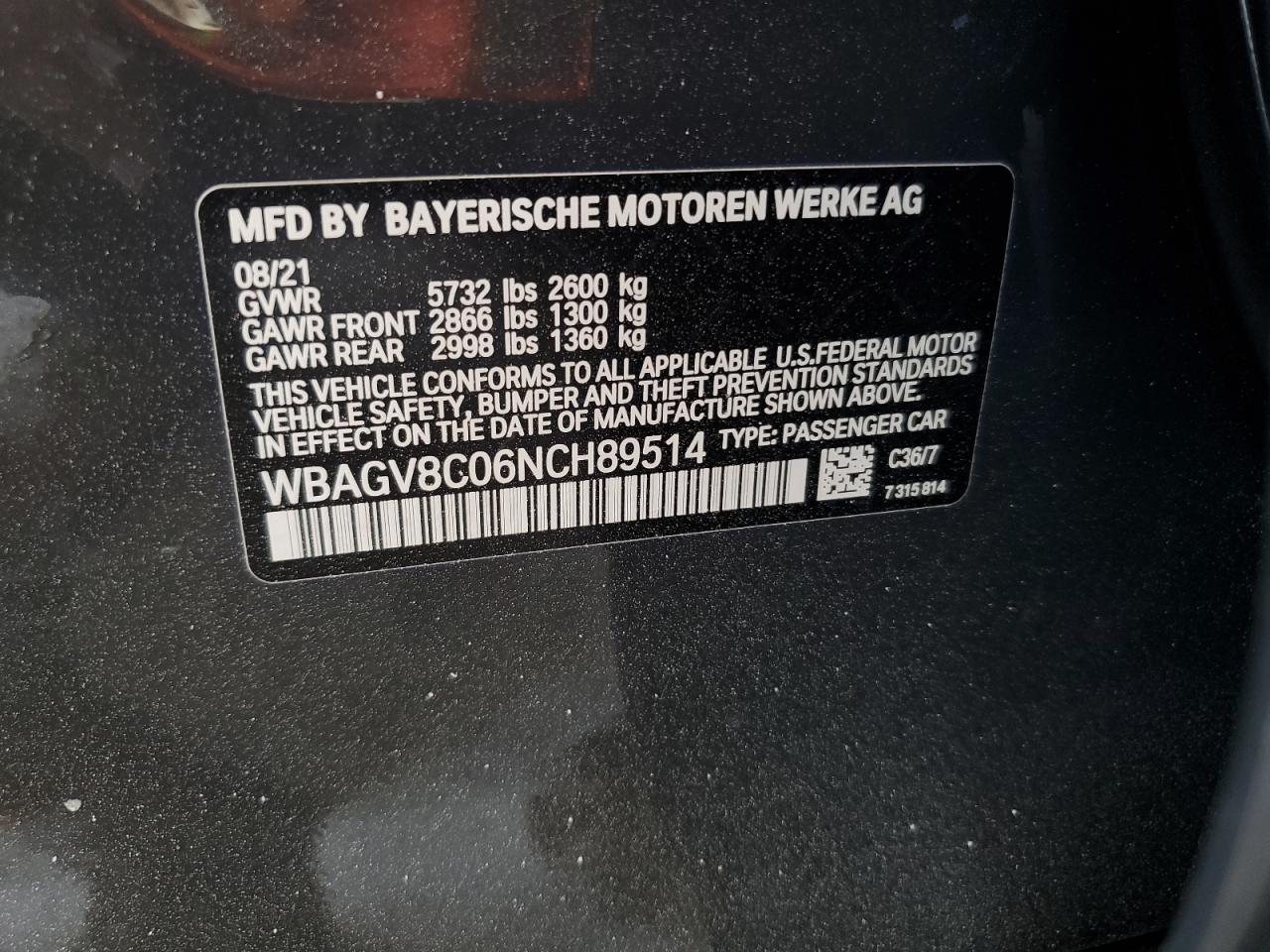 WBAGV8C06NCH89514 2022 BMW M850Xi