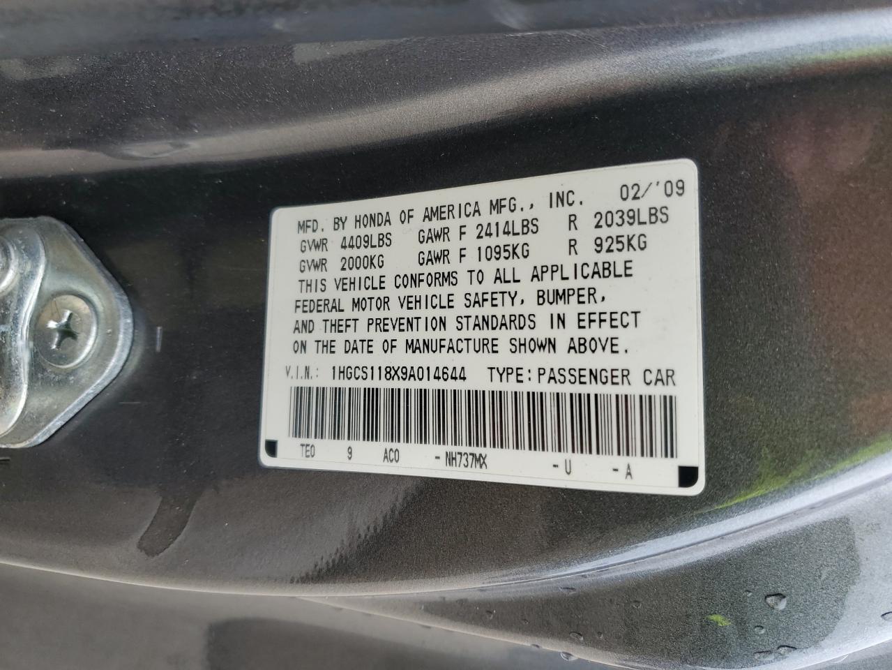 1HGCS118X9A014644 2009 Honda Accord Exl