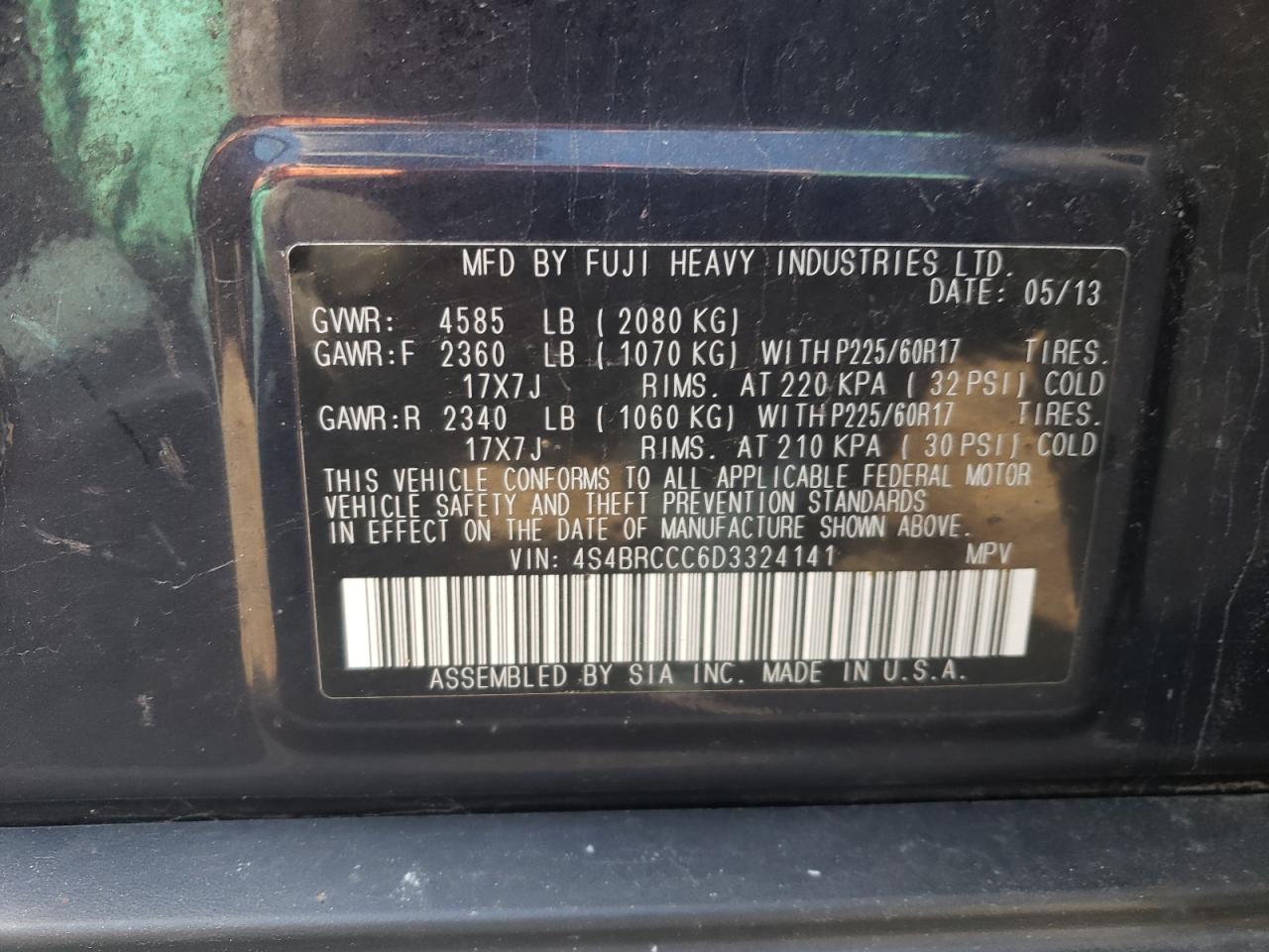 4S4BRCCC6D3324141 2013 Subaru Outback 2.5I Premium