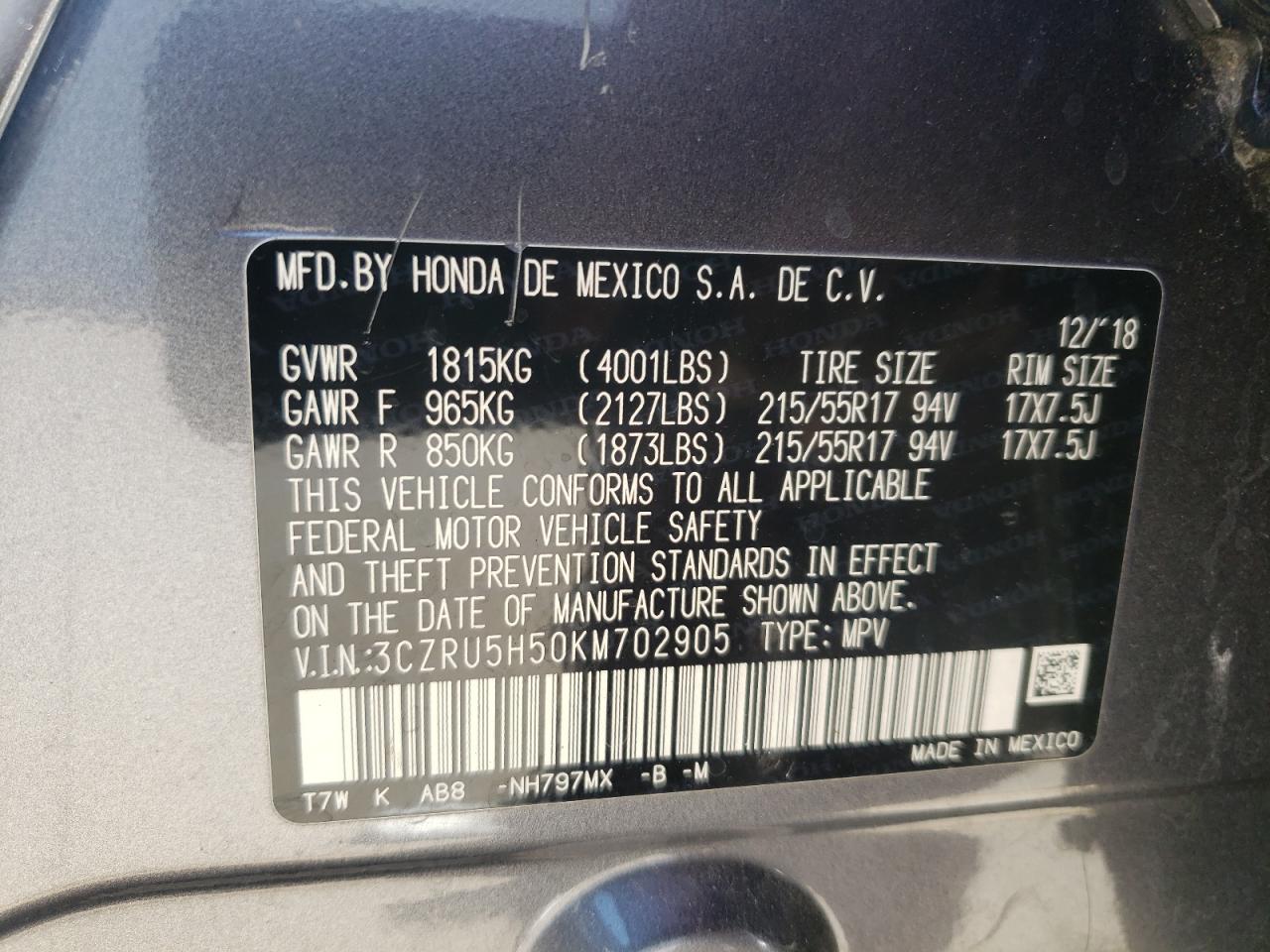 3CZRU5H50KM702905 2019 Honda Hr-V Ex