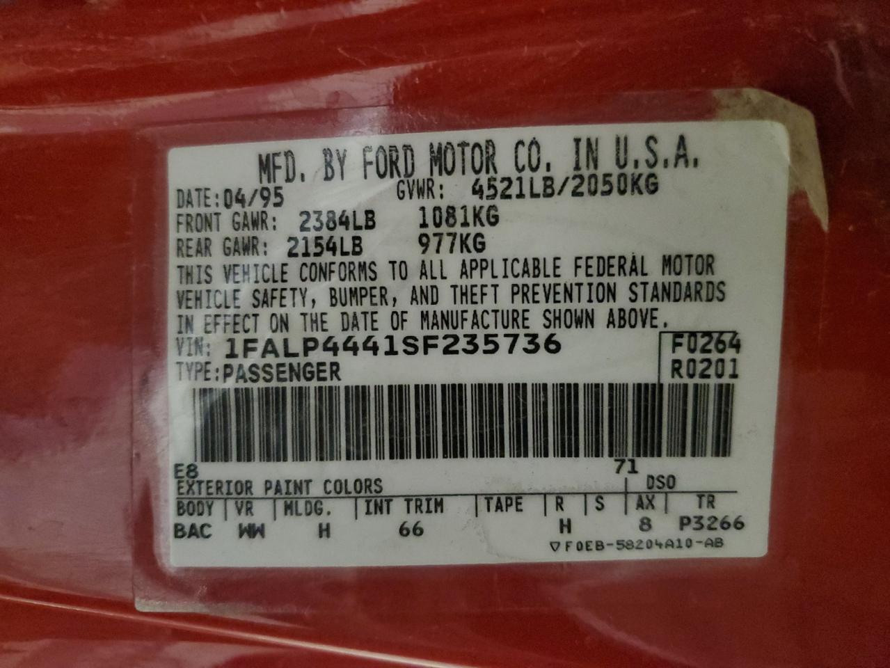 1FALP4441SF235736 1995 Ford Mustang