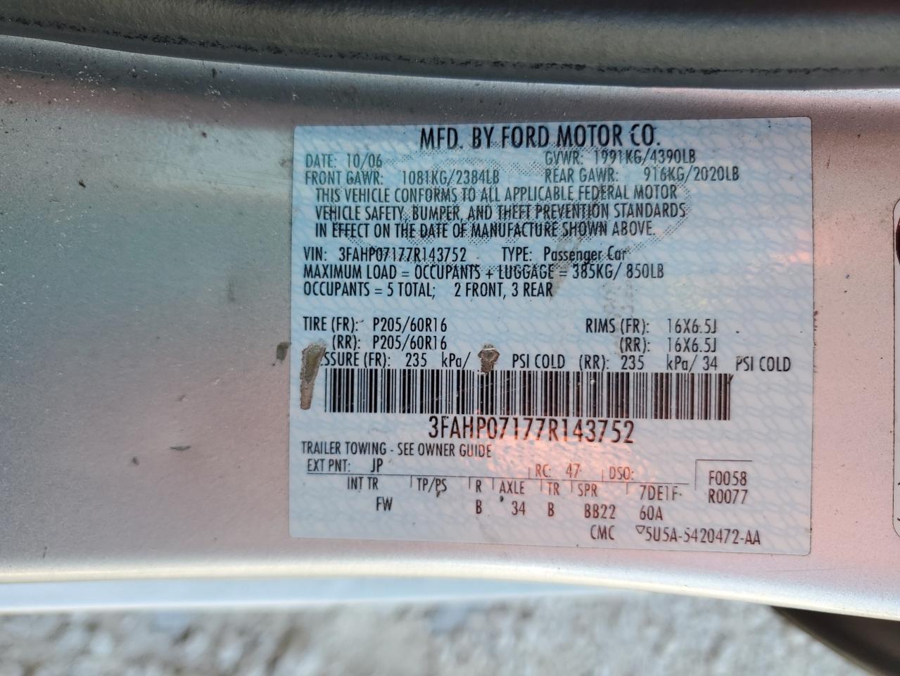 3FAHP07177R143752 2007 Ford Fusion Se