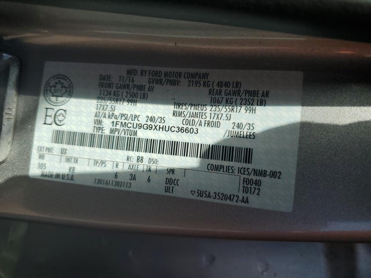 1FMCU9G9XHUC36603 2017 Ford Escape Se