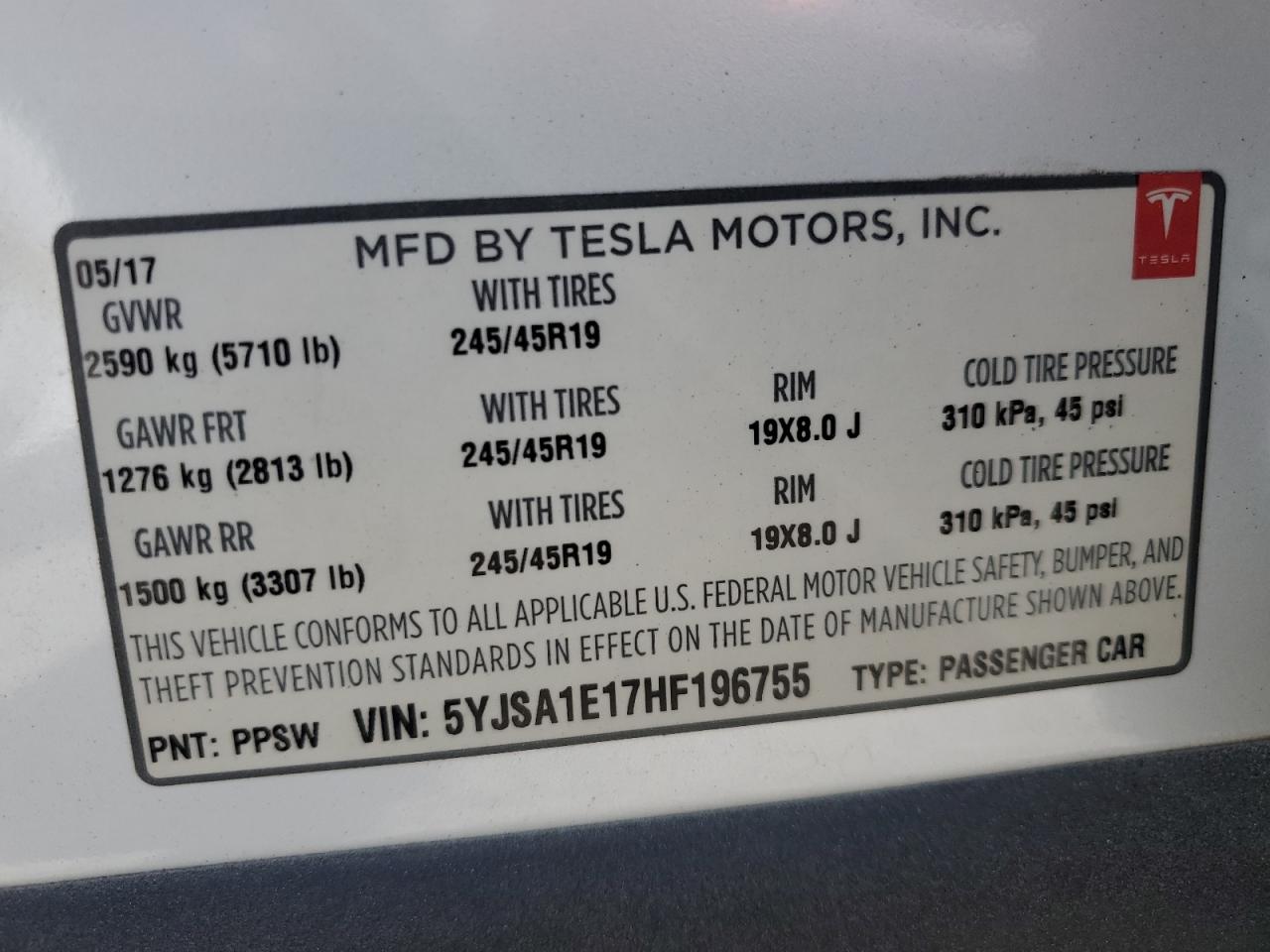 5YJSA1E17HF196755 2017 Tesla Model S