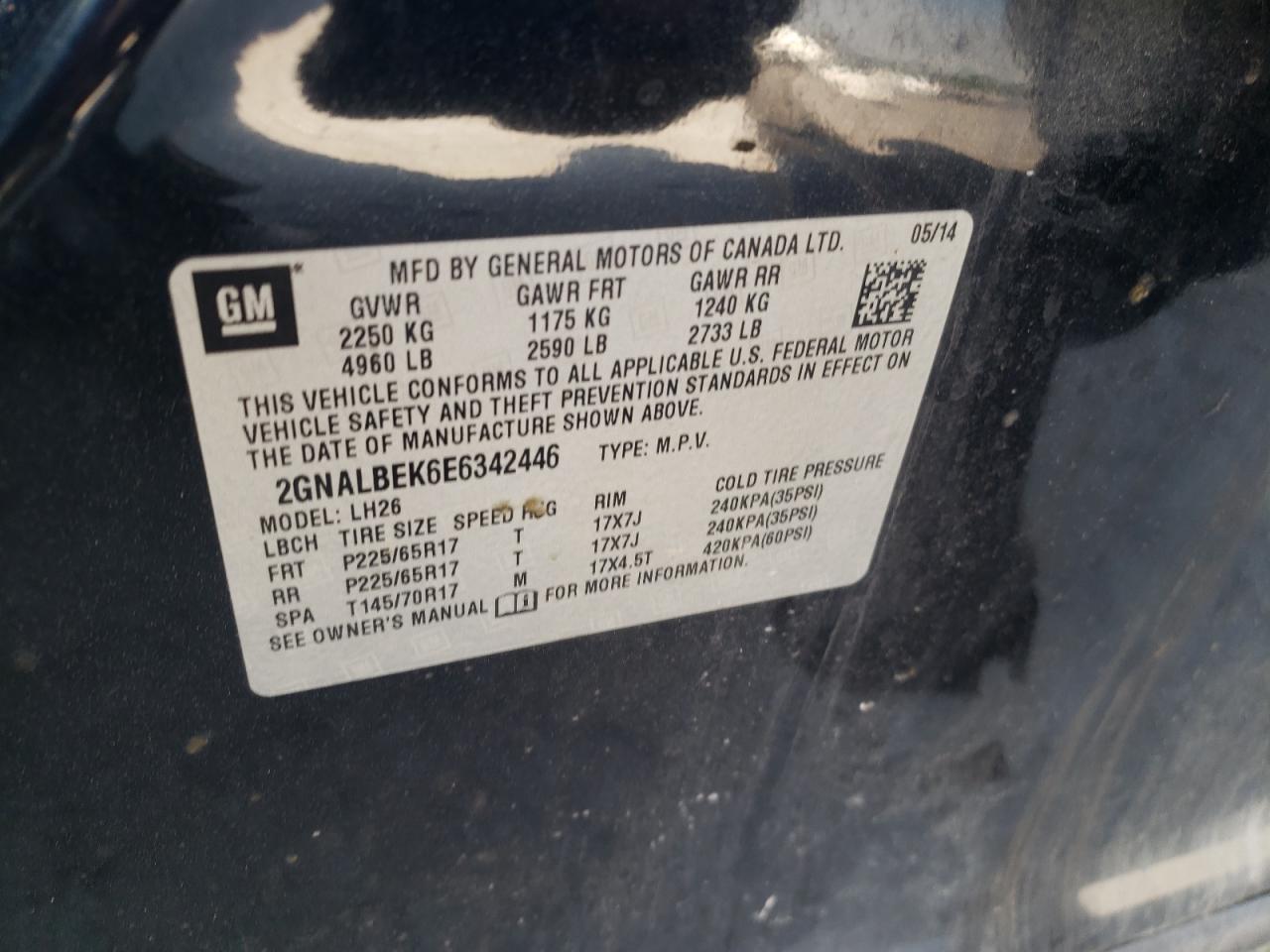 2GNALBEK6E6342446 2014 Chevrolet Equinox Lt