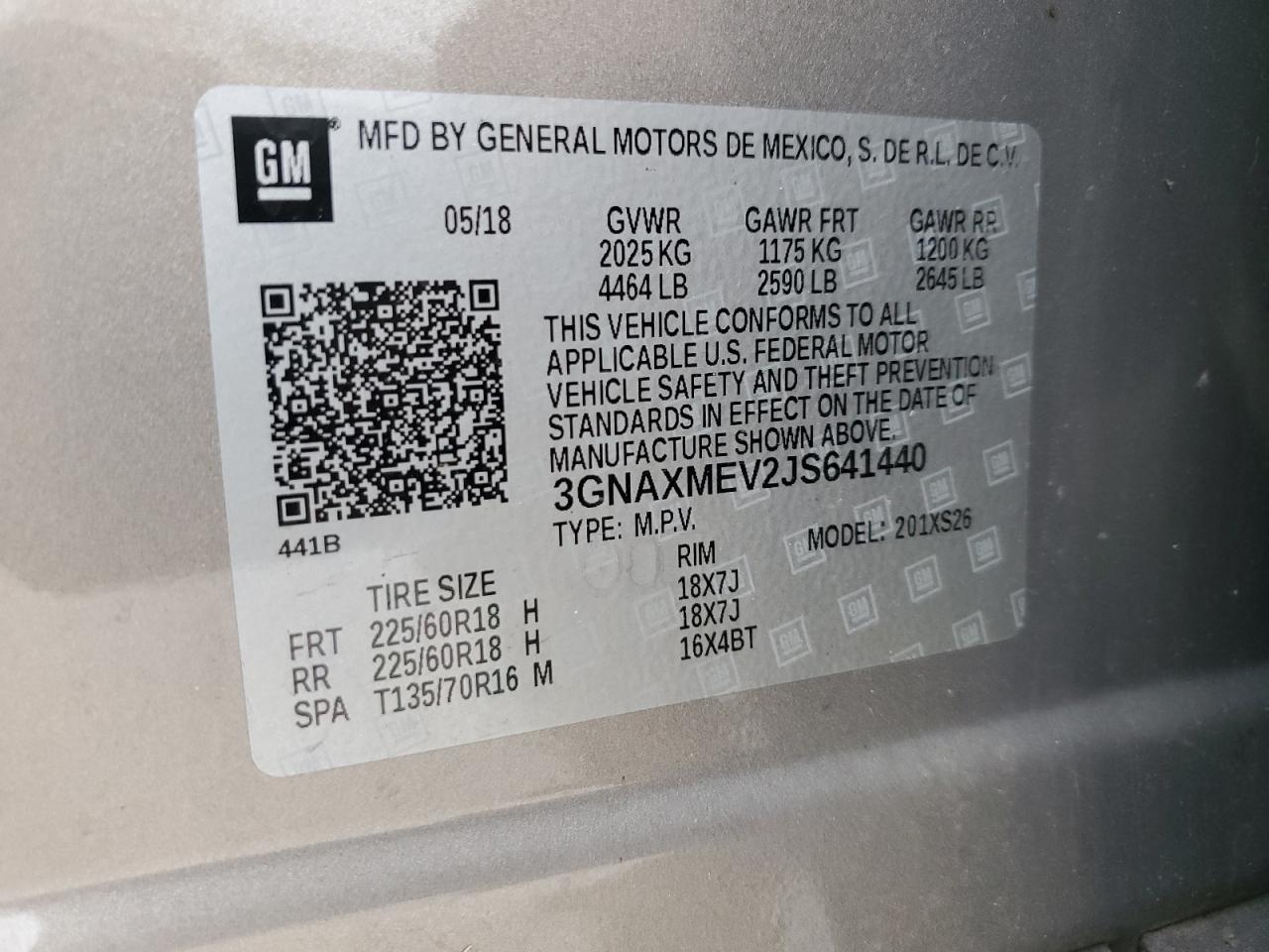 3GNAXMEV2JS641440 2018 Chevrolet Equinox Premier