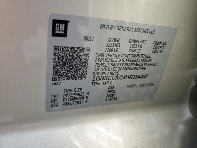 2017 Chevrolet Tahoe C1500 Premier VIN: 1GNSCCKC4HR354482 Lot: 60216274