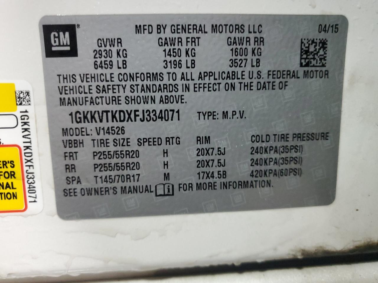 1GKKVTKDXFJ334071 2015 GMC Acadia Denali