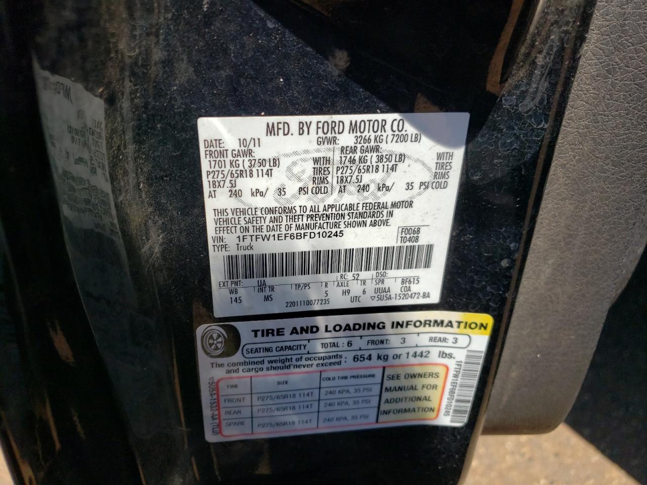 1FTFW1EF6BFD10245 2011 Ford F150 Supercrew