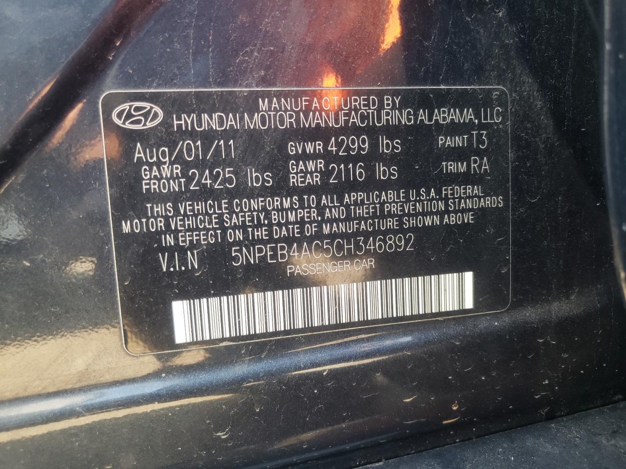 5NPEB4AC5CH346892 2012 Hyundai Sonata Gls