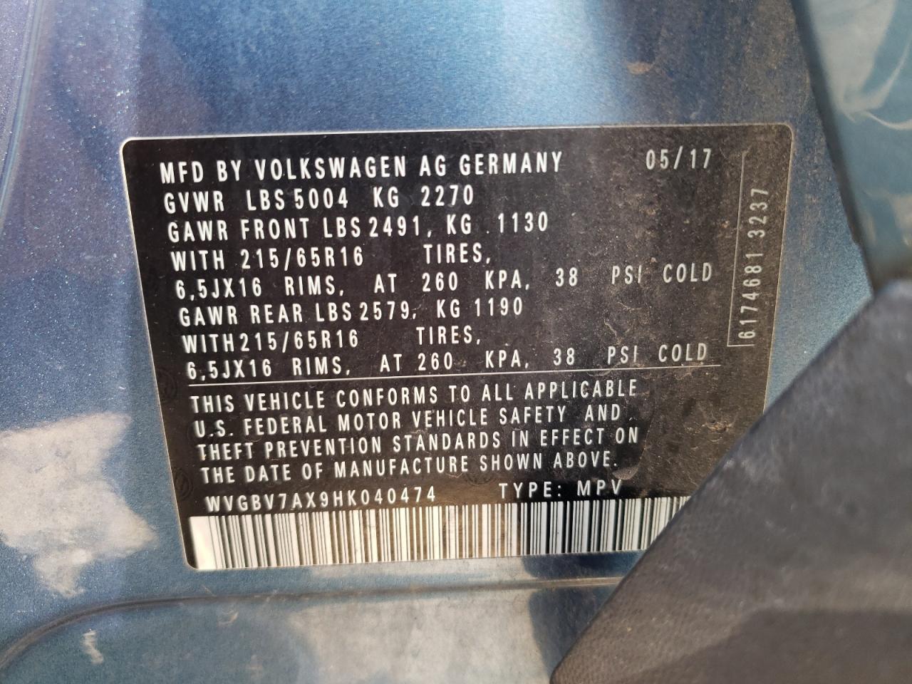 WVGBV7AX9HK040474 2017 Volkswagen Tiguan S