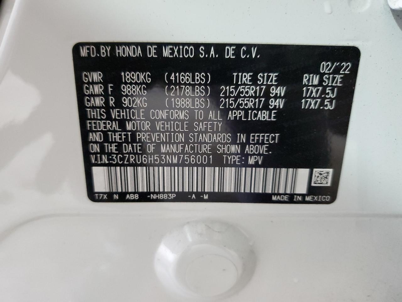 3CZRU6H53NM756001 2022 Honda Hr-V Ex