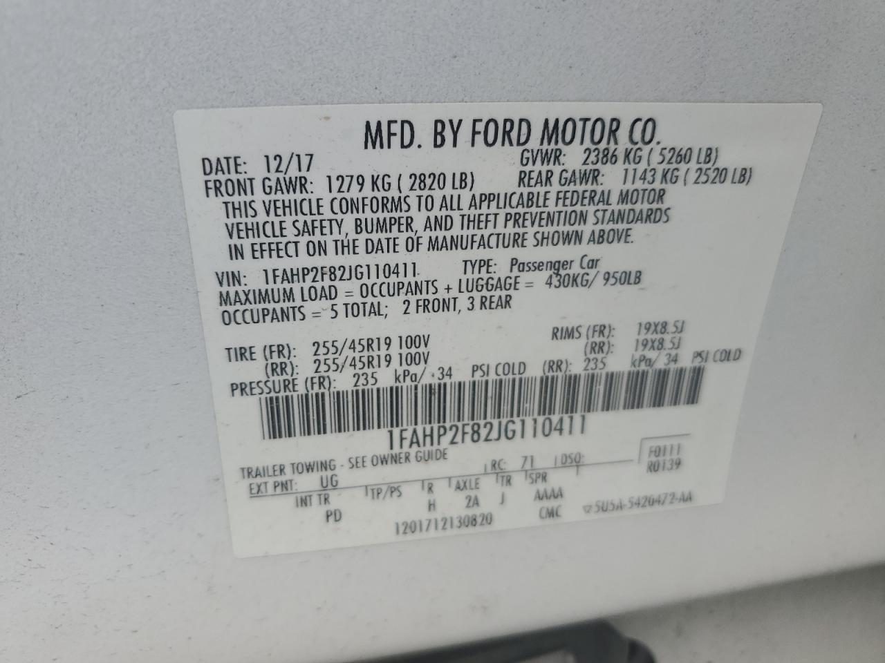 2018 Ford Taurus Limited vin: 1FAHP2F82JG110411