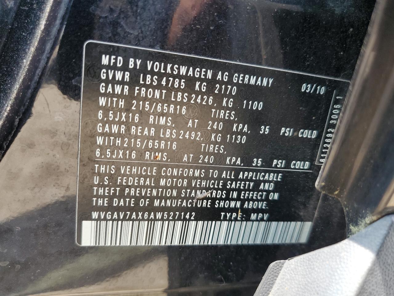 WVGAV7AX6AW527142 2010 Volkswagen Tiguan S