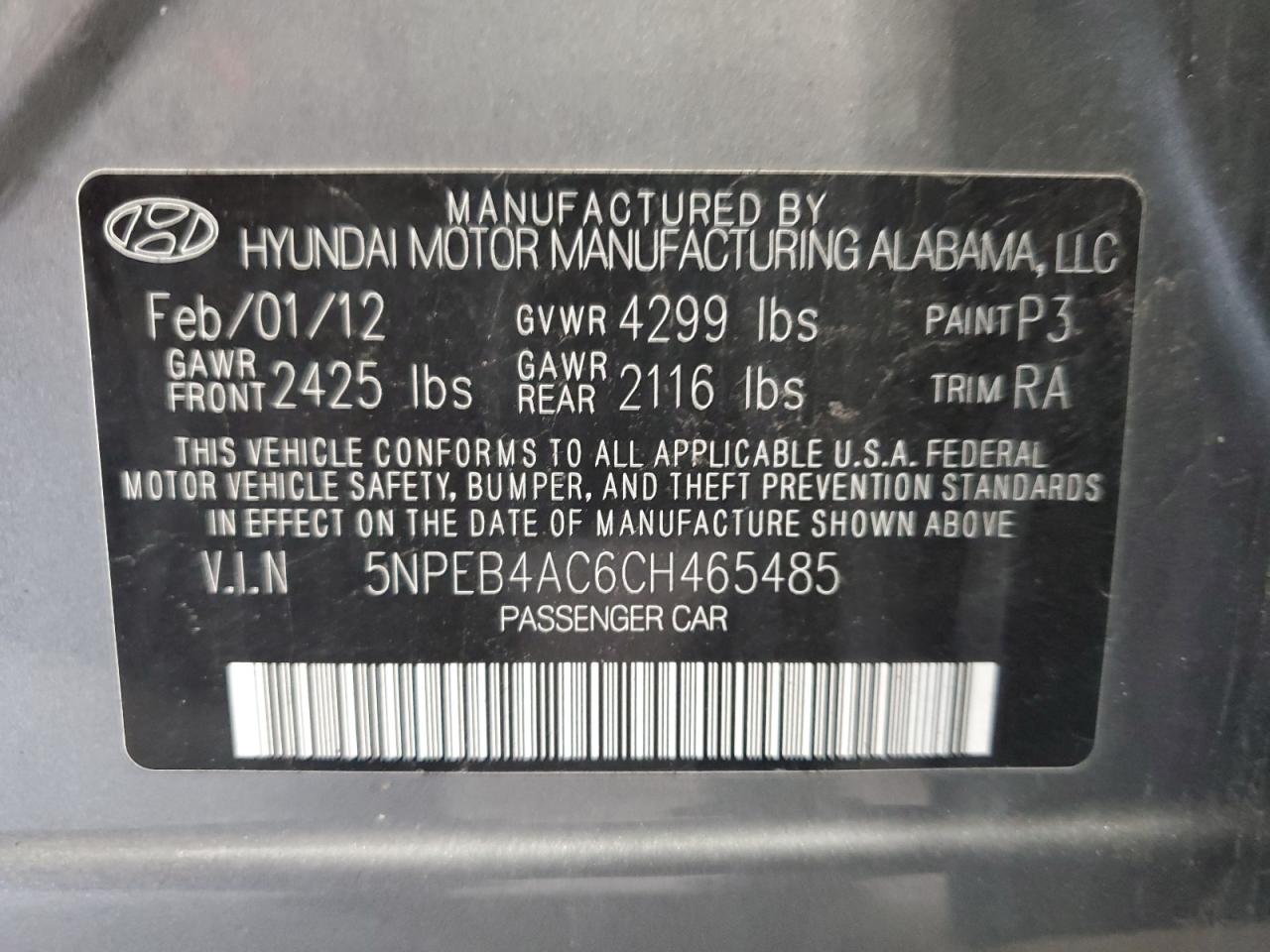 5NPEB4AC6CH465485 2012 Hyundai Sonata Gls